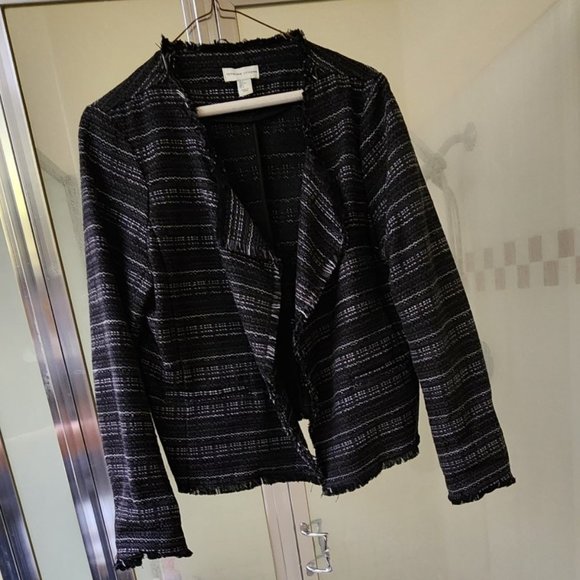 Adrienne Vittadini Fringed Tweed Open Front Crop Waist Jacket Blaze Size Large - Picture 1 of 9